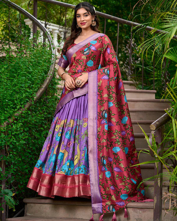 Womenline Lavender Color Dola Silk Designer Kalamkari Print Half Saree