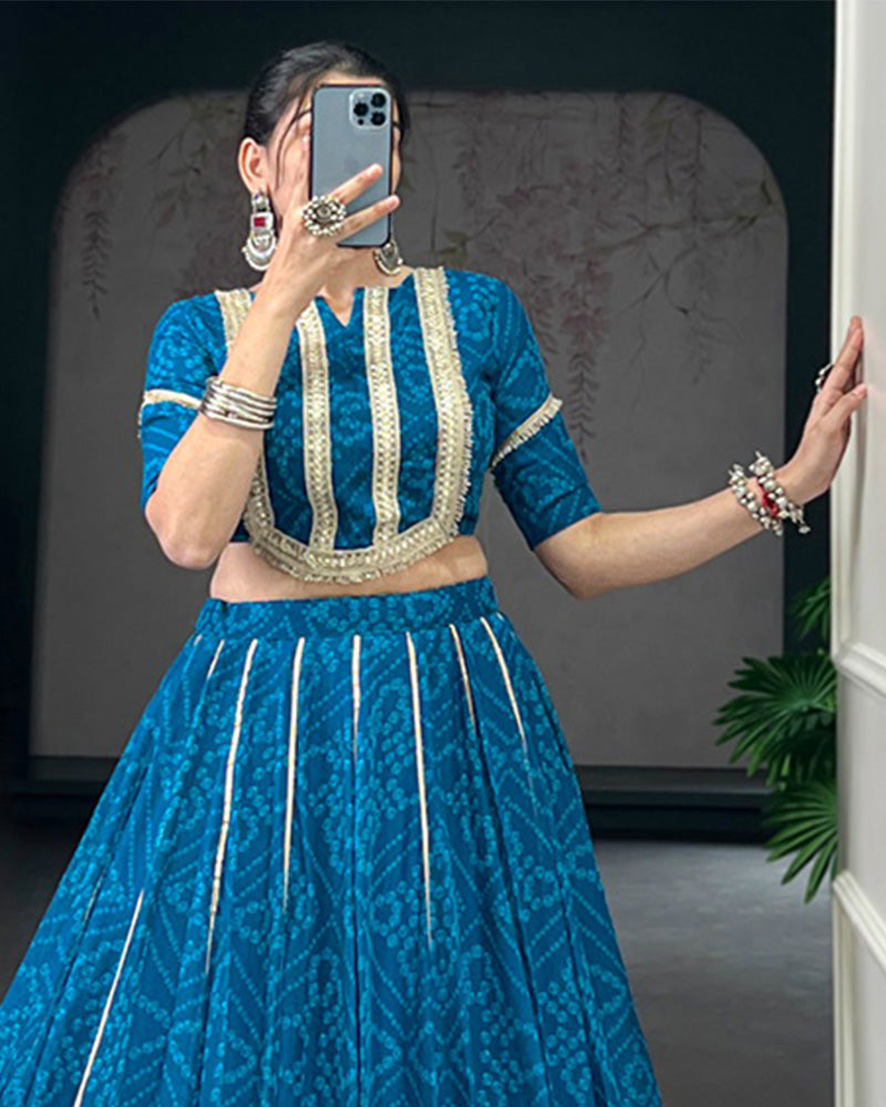 Womenline Firozi Color Chiffon Bandhej Printed Navratri Lehenga Choli