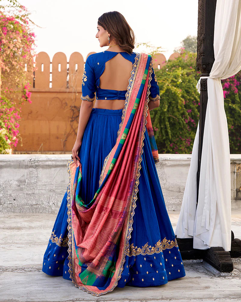 Womenline Designer Royal Blue Color Vichitra Silk Embroidered Lehenga Choli
