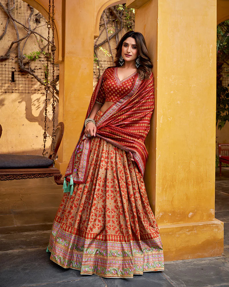 Womenline Rust Orange Color Tasar Silk Sparkle Lehenga Choli