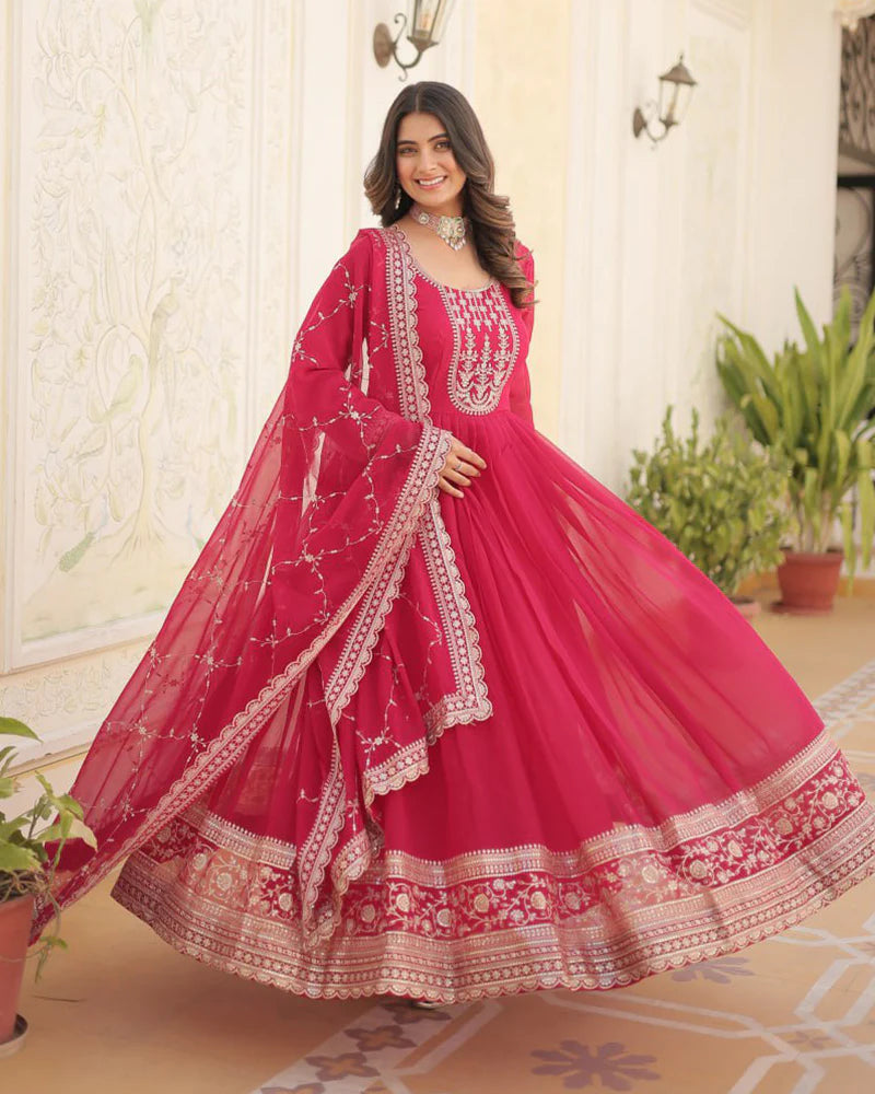 Womenline Pink Color Faux Blooming Rich Sequence Embroidered Gown