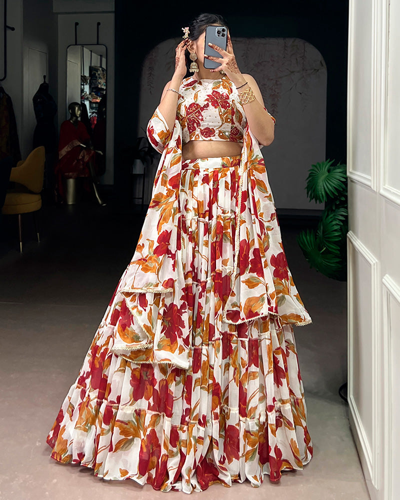 Womenline White Color Marble Floral Printed Lehenga Choli