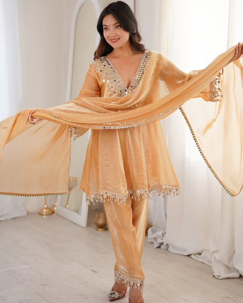 Womenline Chikoo Color Fendi Silk Embroidered Plazzo Suit