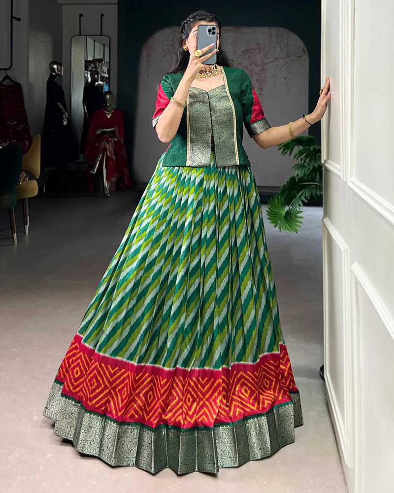 Womenline Green Color Tasar Silk Laheriya Printed Lehenga Choli