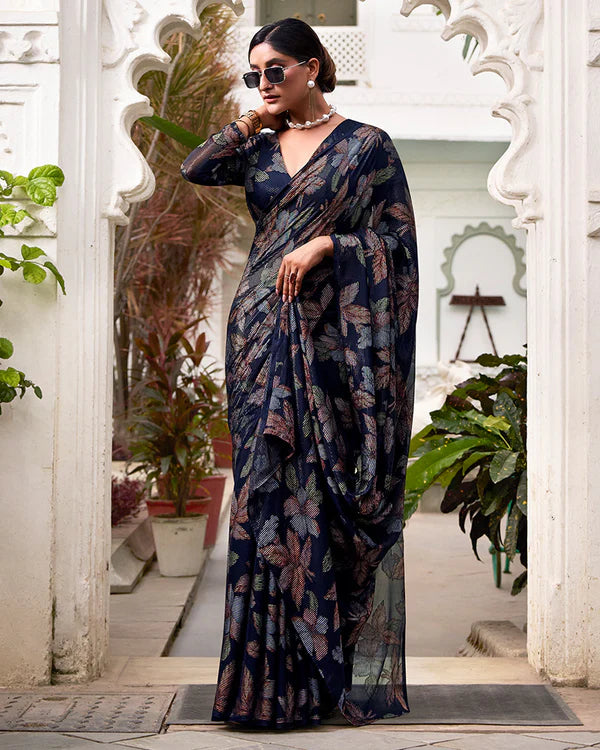 Womenline Navy Blue Color Lurex Brasso Viscose Saree