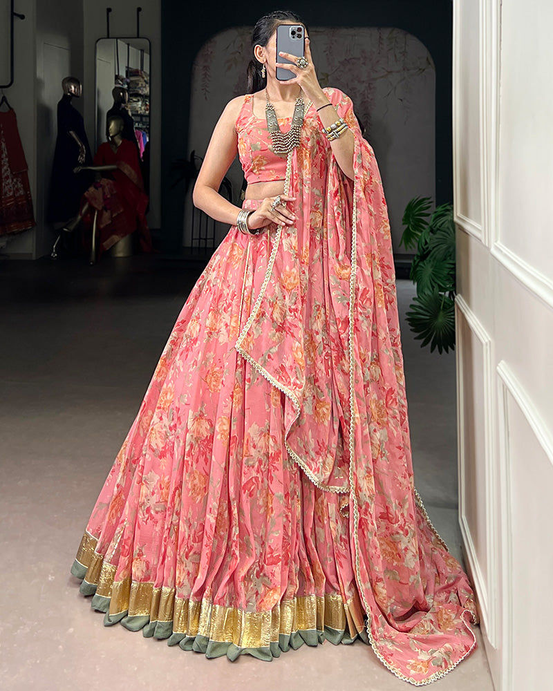 Womenline Peach Color Chiffon Printed Lehenga Choli