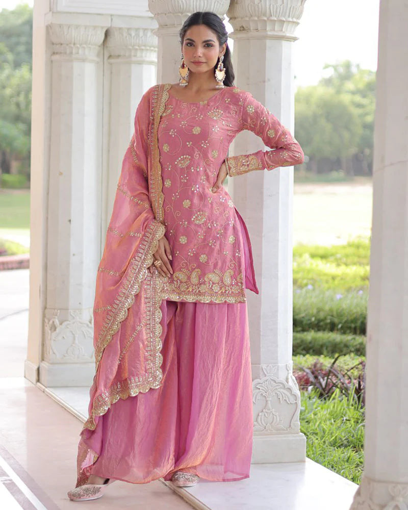 Womenline Baby Pink Color Fendi Silk Embroidered Sharara Suit