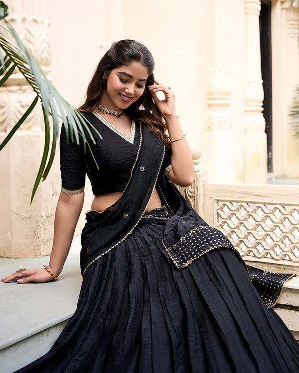 Womenline Black Color Pure Chanderi Plain Navratri Half Saree