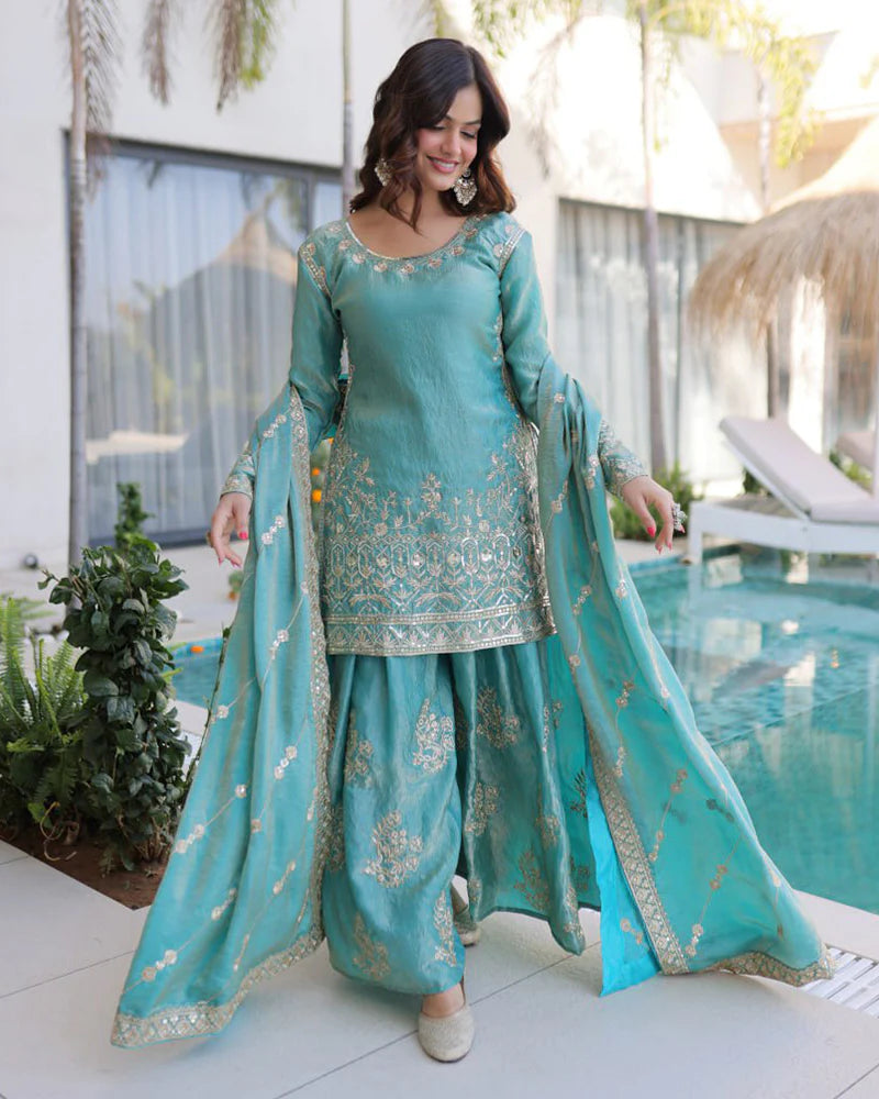 Womenline Sky Color Fendi Crush Embroidered Plazzo Suit