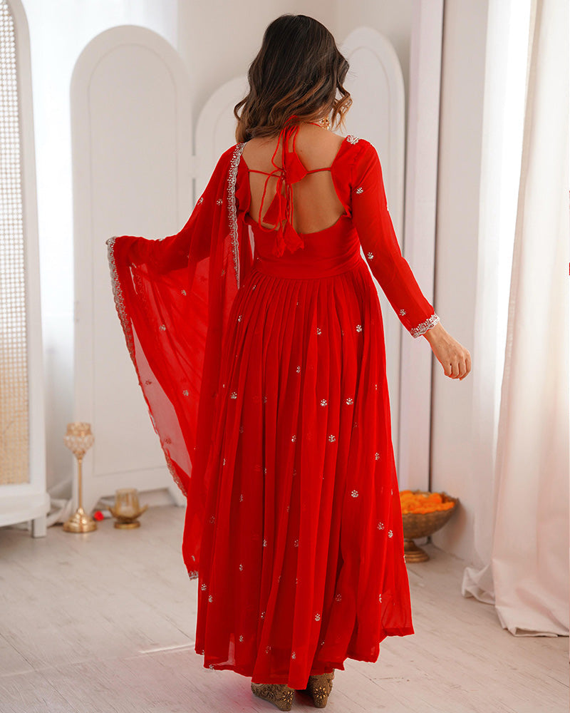 Womenline Red Color Georgette Sequence Embroidered Anarkali Suit