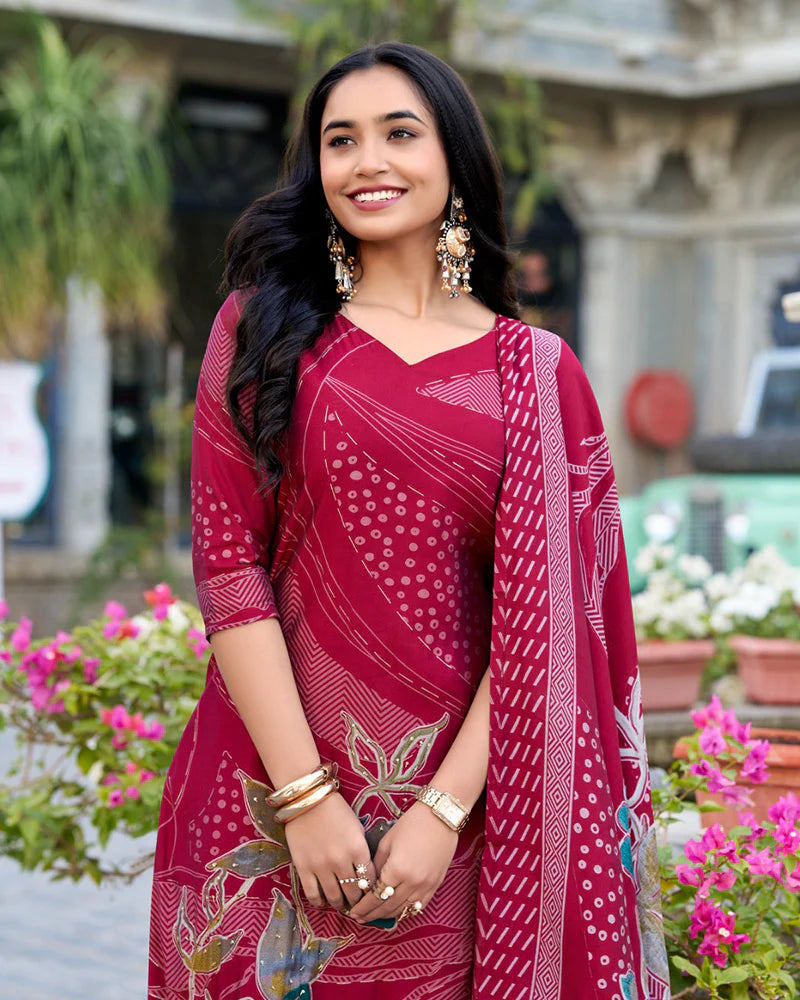Womenline Maroon Color Roman Silk Three Piece Kurti Suit