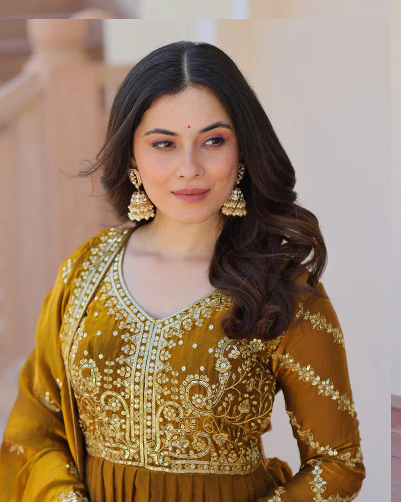 Womenline Mehndi Color Fendi Embroidered Gown