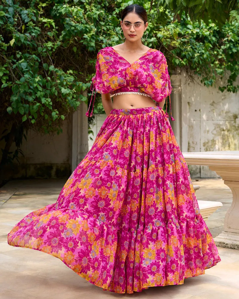 Womenline Pink Color Chiffon Printed Crop Top Lehenga Choli