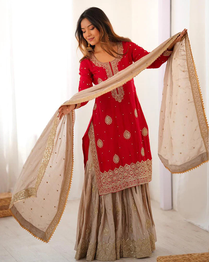 Womenline Red Color Chinon Silk Embroidered Sharara Suit