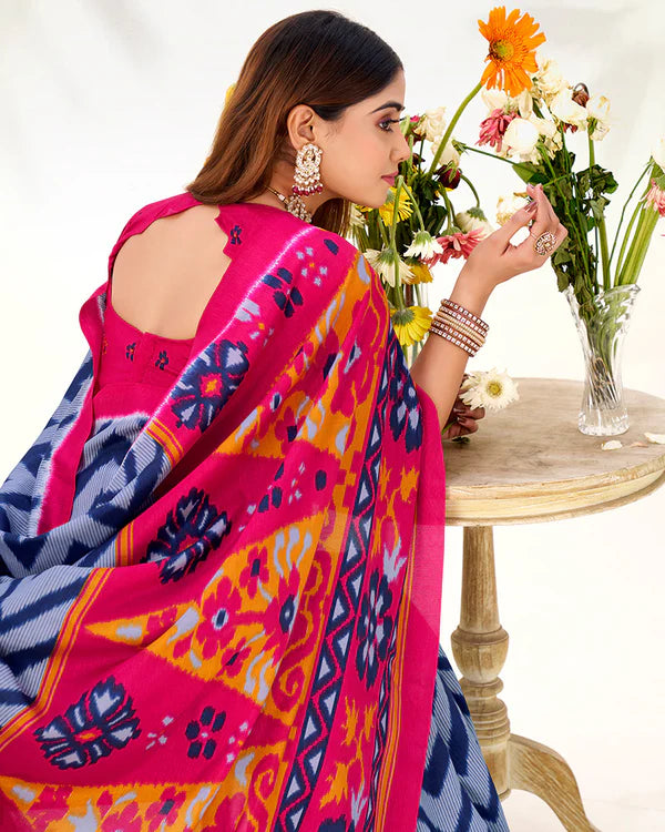 Womenline Blue Color Tasar Silk Printed Saree