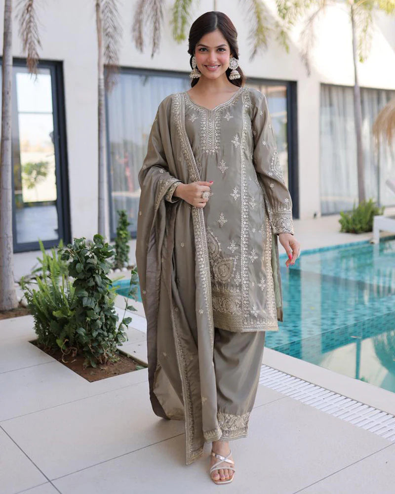 Womenline Grey Color Ho Silk Embroidered Kurti Suit