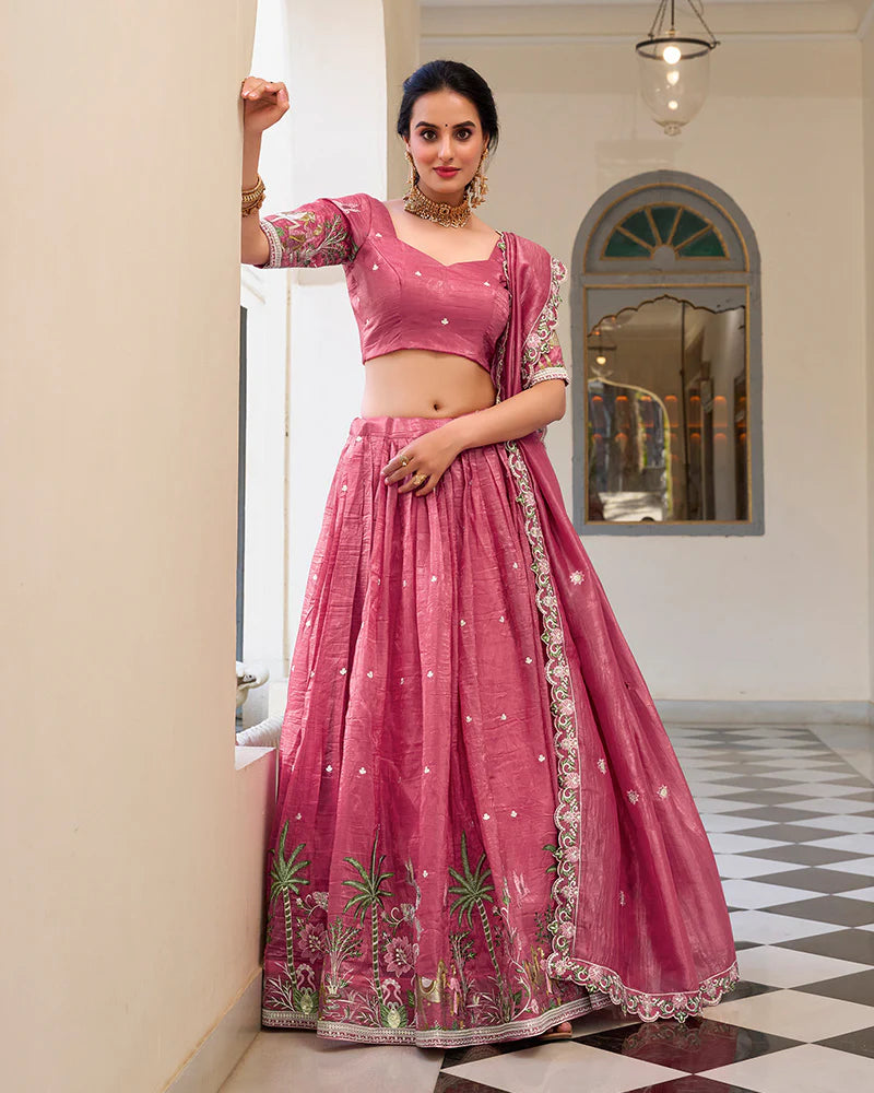 Womenline Pink Color Gold Crush Embroidered Lehenga Choli