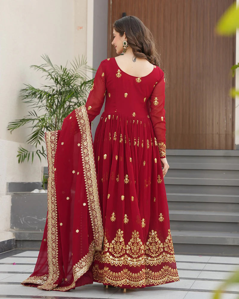 Womenline Maroon Color Designer Blooming Embroidered Gown