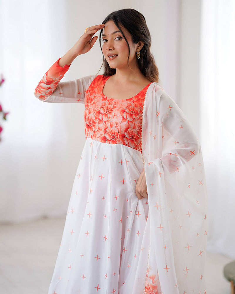 Womenline Orange Color Flower Print Tabby Organza Anarkali Suit