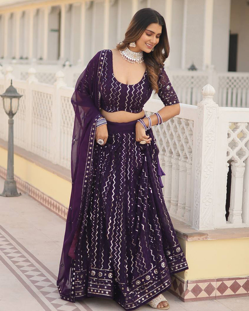 Womenline Wine Color Blooming Soft Georgette Heavy Embroidery Threaded Semi Stitched Lehenga Choli