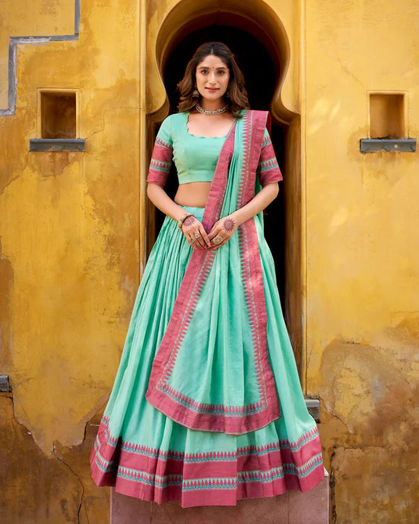 Womenline Sky Blue Color Pure Chanderi Threaded Half Saree