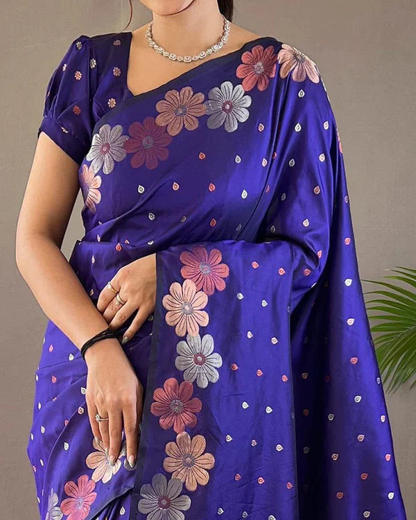 Womenline Jacquard Design Blue color Soft Lichi Silk Saree