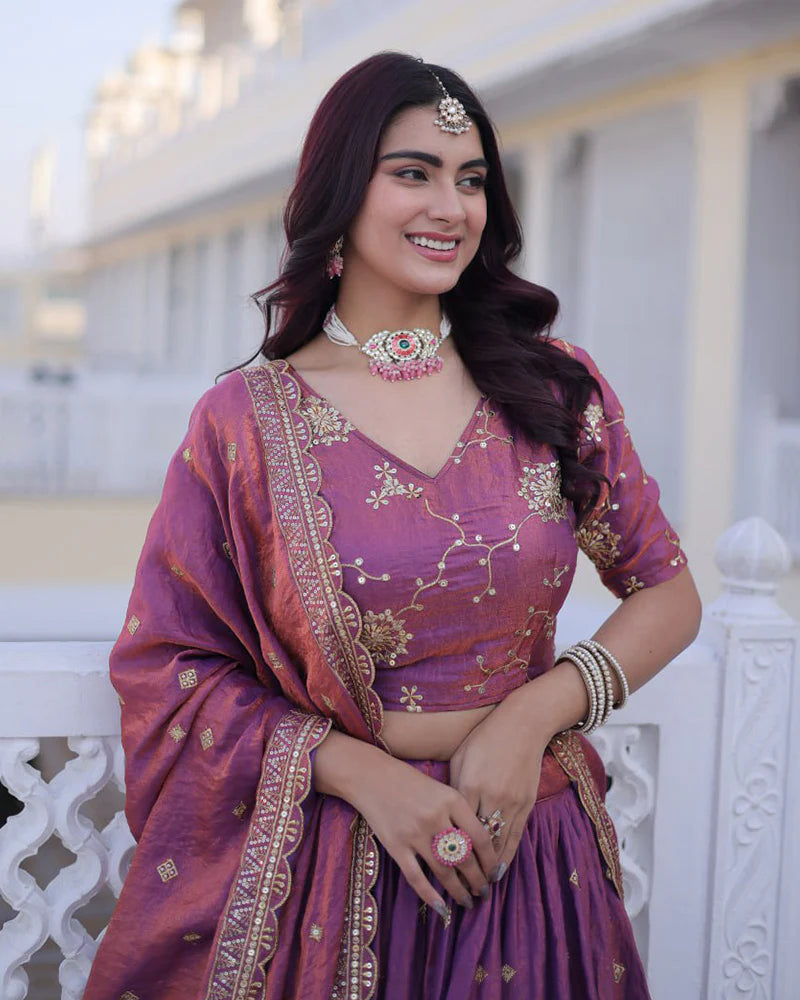 Womenline Dusty Onion Color Ysl Silk Embroidered Lehenga Choli