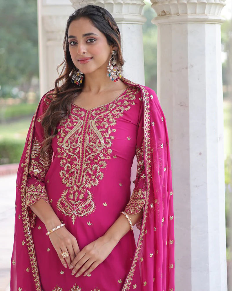 Womenline Rani Pink Color Georgette Embroidered Three Piece Kurti Suit