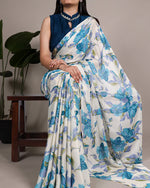 Womenline Sky Blue Color Satin Silk Floral Printed Saree