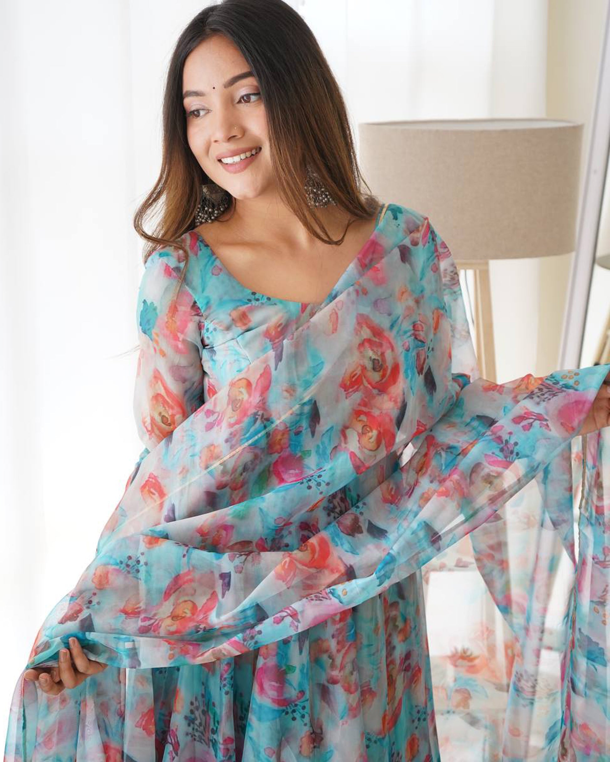 Womenline Sky Blue Multi Color Print Organza Three Piece Anarkali Suit