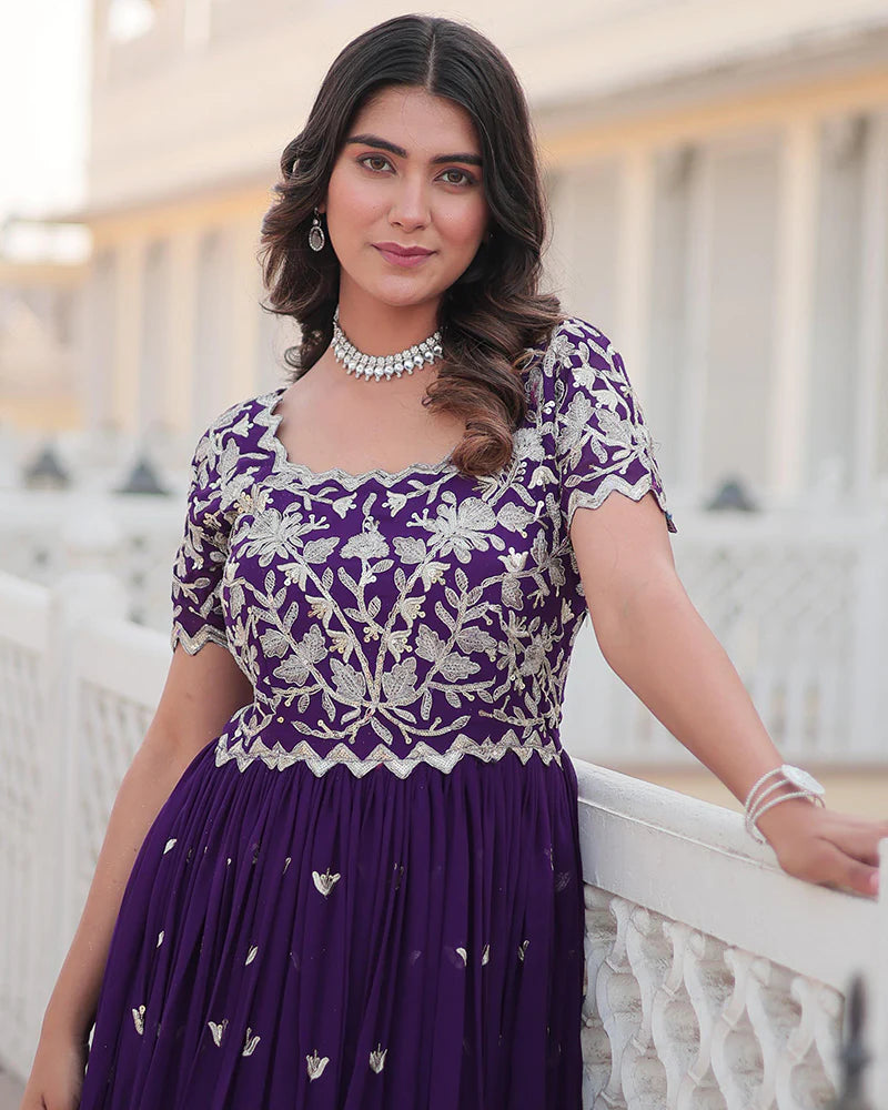 Womenline Purple Color Faux Blooming Sequins Embroidered Anarkali Gown