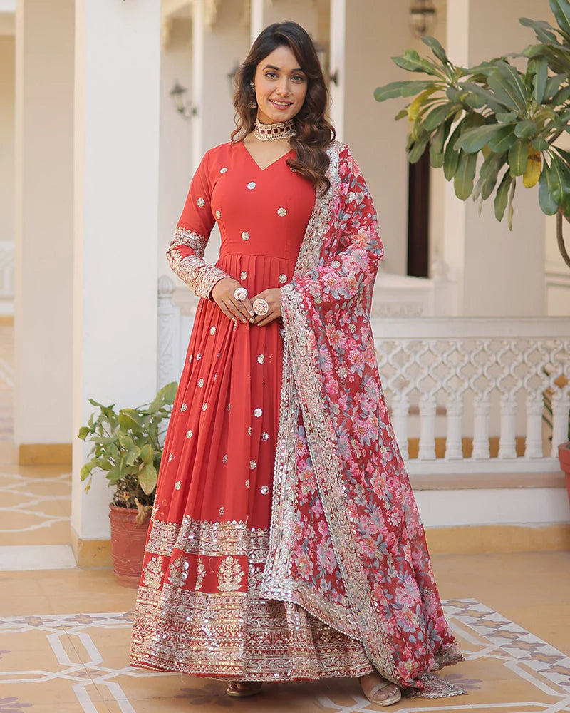 Womenline Red Color Faux Georgette Designer Gown With Dupatta