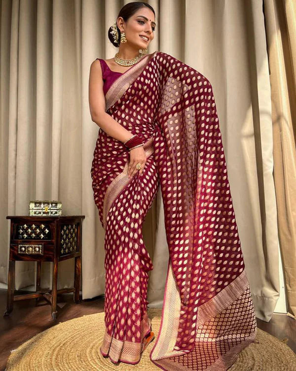 Womenline Beautiful Maroon Color Banarasi Jacquard Weaving Saree