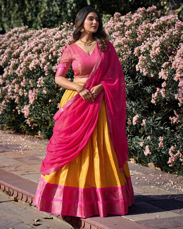 Womenline Mustard Color Kanchipuram Silk Designer Half Saree