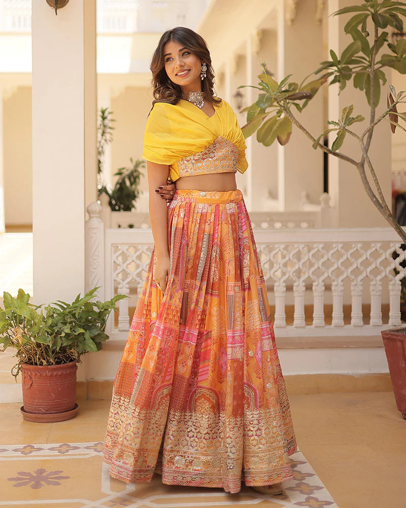 Womenline Yellow Color Designer Russian Silk Embroidery Crop Top Lehenga Choli