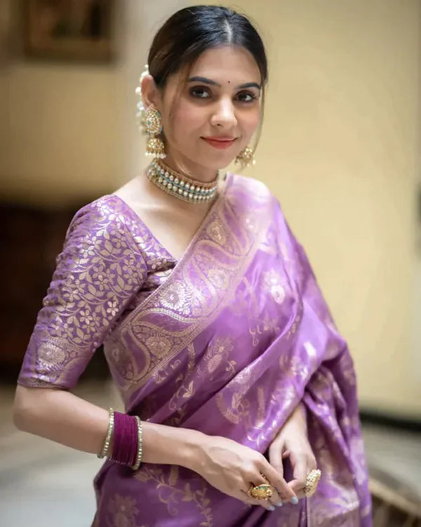 Womenline Lavender Color Banarasi Jacquard Zari Weaving Saree