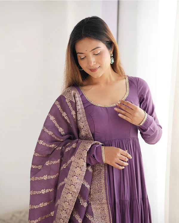 Womenline Dusty Purple Color Pure Roman Silk Ruffle Style Anarkali Suit