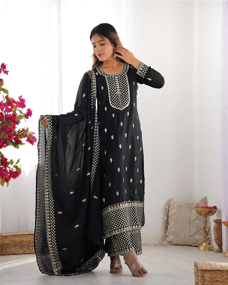 Womenline Black Color Chinon Silk Three Piece Kurti Suit