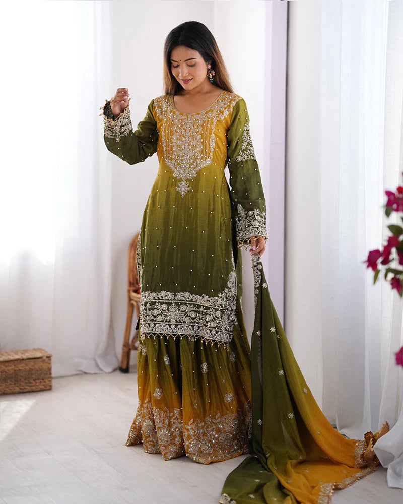 Womenline Mehndi Color Chinnon Sequence Work Plazzo Suit