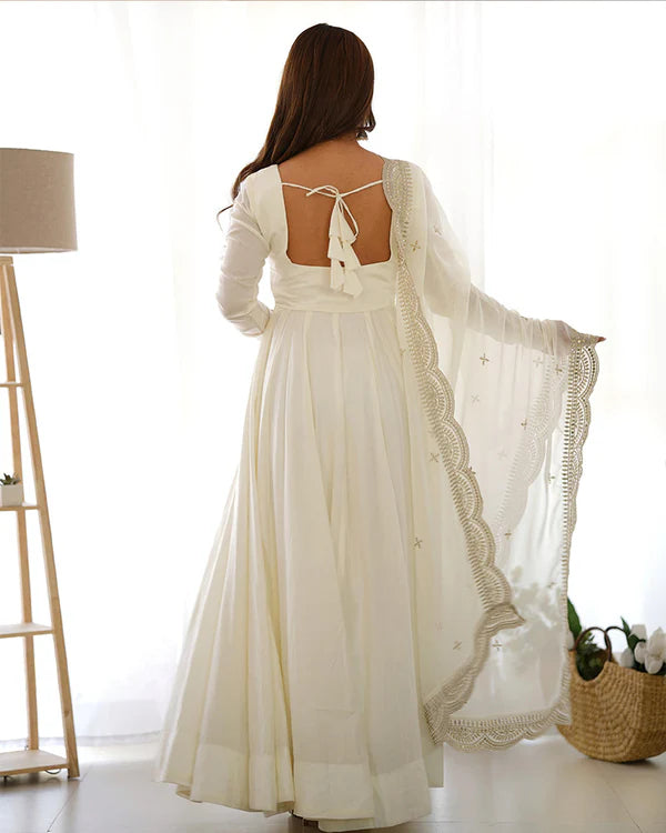 Womenline Beautiful White Color Pure Chanderi Silk Three Piece Anarkali Suit