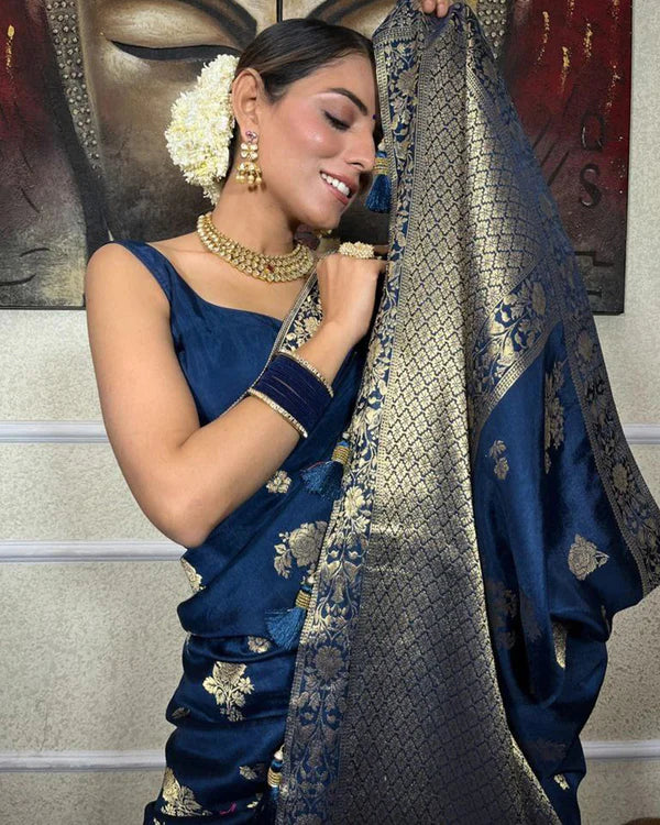 Womenline Royal Blue Color Big Flower Design Banarasi Soft Silk Saree
