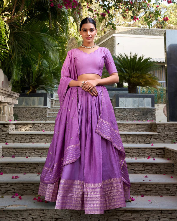 Womenline Purple Color Pure Chanderi Plain Navratri Half Saree