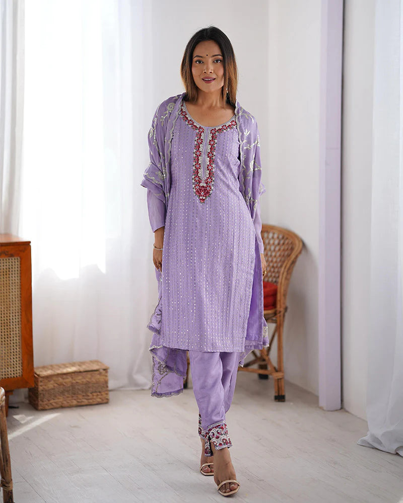 Womenline Light Purple Color Chinon Silk Three Piece Kurti Suit