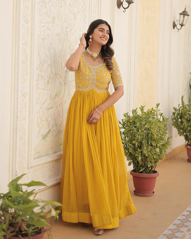 Womenline Yellow Color Faux Blooming Zari sequence Embroidered Gown