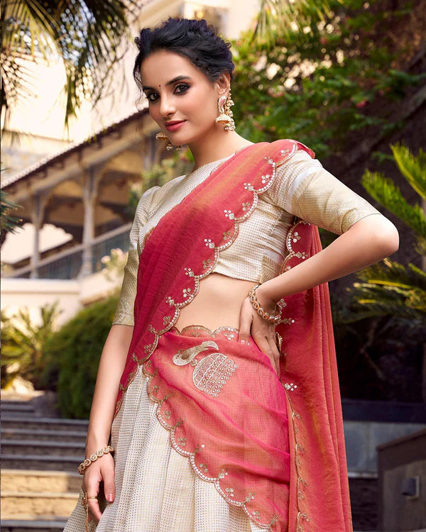 Womenline Off-White Color Jacquard Chex Half Saree