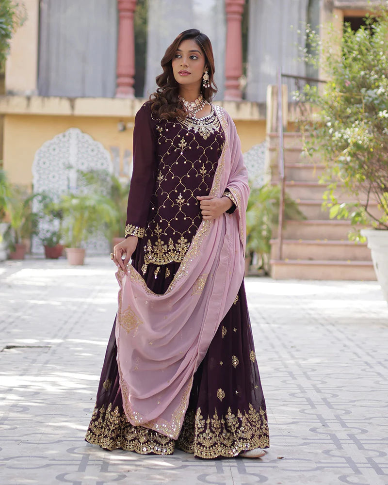 Womenline Wine Color Faux Blooming Embroidered Plazzo Suit