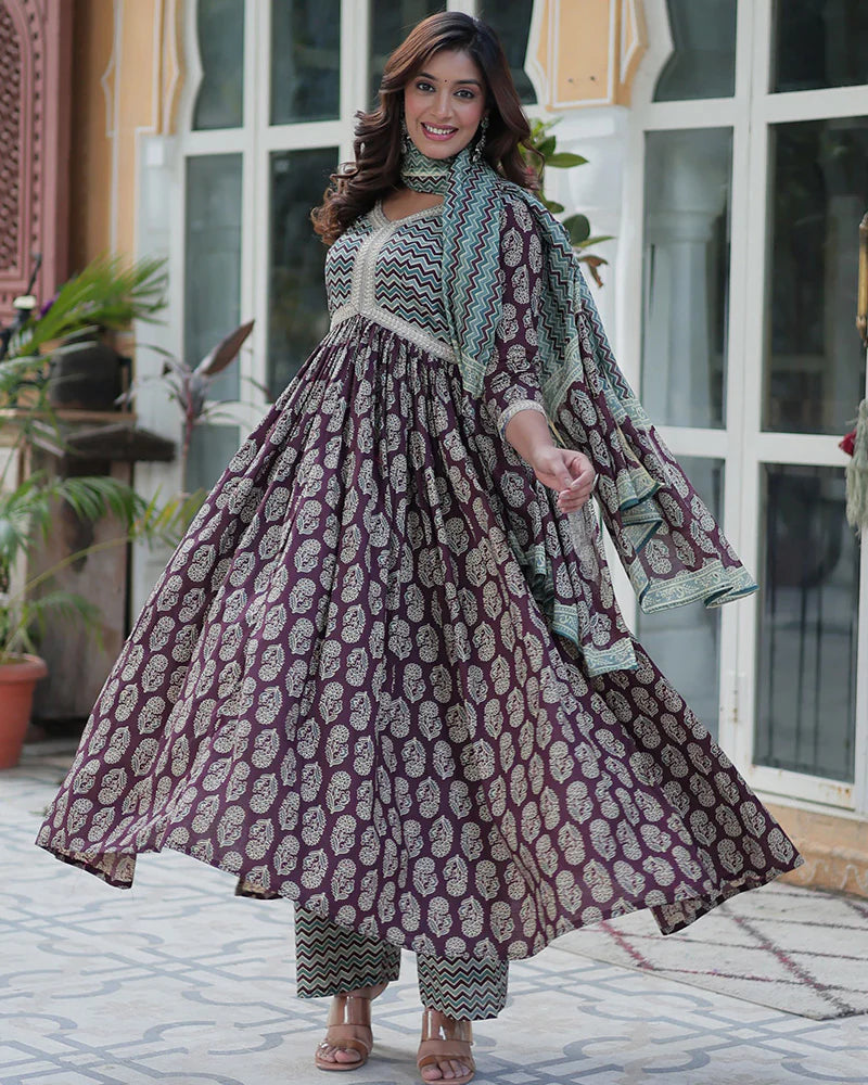 Womenline Coffee Brown Color Printed Pure Cotton Three Piece Kurti Suit
