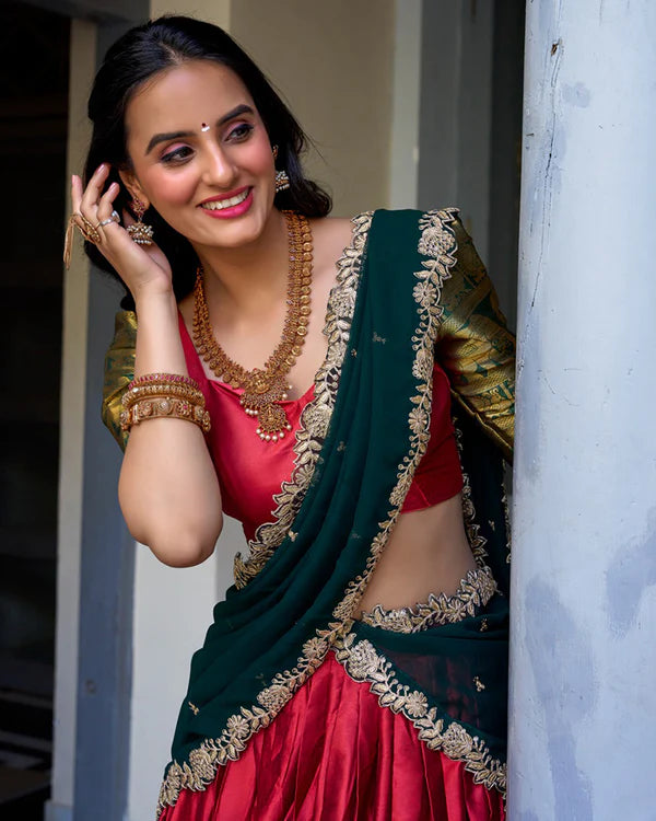 Womenline Red Color Narayan Pattu Silk Designer Half Saree