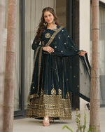 Womenline Deep Teal Green Color Designer Golden Embroidered Gown