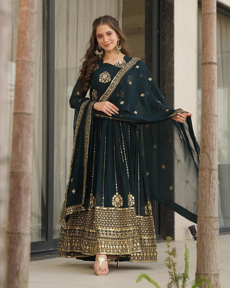 Womenline Deep Teal Green Color Designer Golden Embroidered Gown